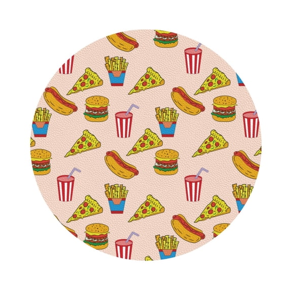 Fuzoiu Hamburger Pizza Coke Print Leather Coasters Set,Drink Coasters Set of 6,for Tabletop Protection, Durable PVC Coasters,Home Décor and Housewarming Gift,Round Shape