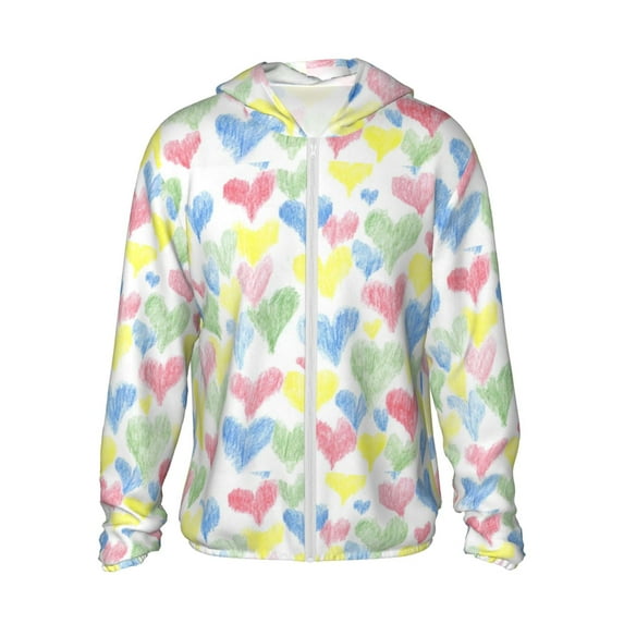 Fuzoiu Hand Drawn Colored Hearts Print Unisex Sun Protection Hoodie,UPF 50+ Light Jacket,Full Zip Sun Protection Hoodie,Long Sleeve Sun Shirts,for Outdoor Activities-X-Large