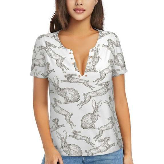 Fuzoiu Hand Drawn Rabbit Print Women's V-Neck T-Shirt,Women's Short Sleeve Top, Comfortable for Work, Leisure, and Sports