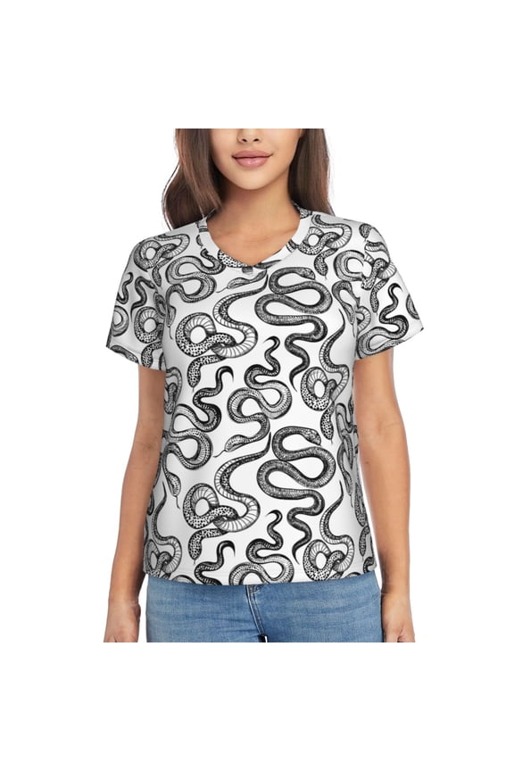 Hand Drawn Snake Print Women's Classic V-Neck T-Shirt, Short Sleeve V Neck Tees for Casual Everyday Wear,Casual Fit Tee,Summer Fashion Tops-XX-Large