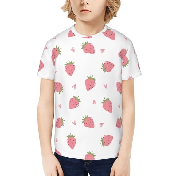 Fuzoiu Hand Drawn Strawberry Print Boys' Casual T-Shirt,Crewneck Undershirts,Boys Athletic Shirt,Short Sleeve T-Shirts for Outdoor Play