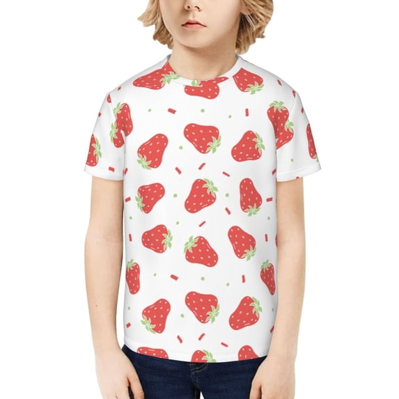 Fuzoiu Hand Drawn Strawberry Print Boys' Casual T-Shirt,Crewneck Undershirts,Boys Athletic Shirt,Short Sleeve T-Shirts for Outdoor Play