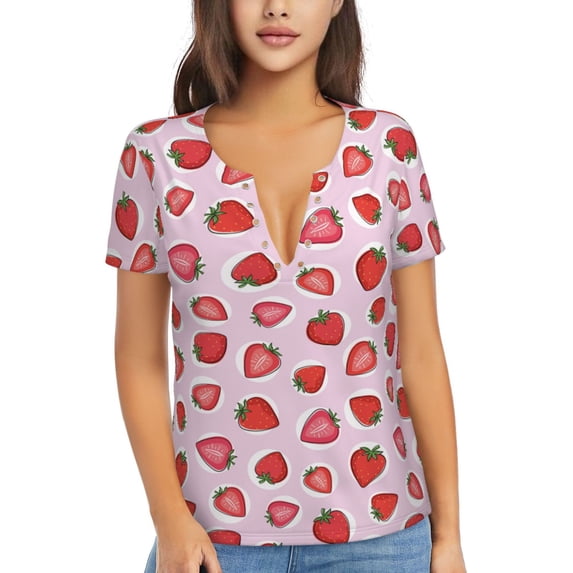 Fuzoiu Hand Drawn Strawberry Print Women's V-Neck T-Shirt,Women's Short Sleeve Top, Comfortable for Work, Leisure, and Sports