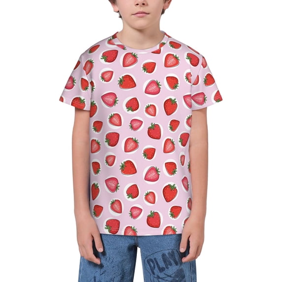 Fuzoiu Hand Drawn Strawberry Print Youth Short Sleeve T-Shirt,Youth Dry-Fit Active Athletic T-Shirt,Short Sleeve Tops Tees for School, Sports, and Casual Wear