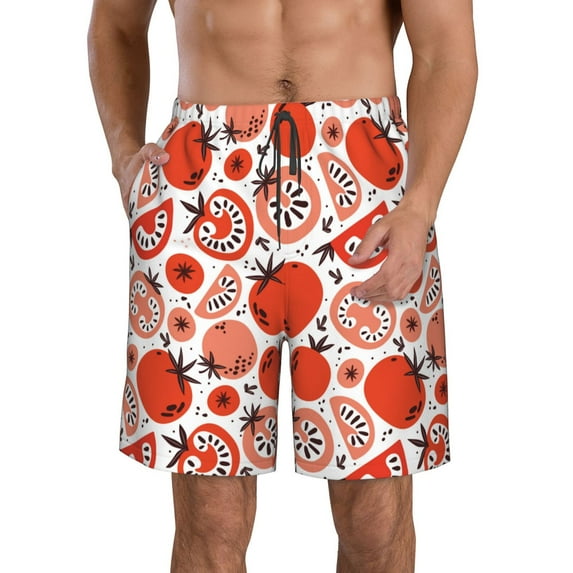 Fuzoiu Hand Drawn Tomatoes Print Men's Beach Shorts,Men's Swim Trunks,Quick Dry Board Shorts with Pockets,Men's Bathing Suits for Surfing, Running, and Casual Wear-Small