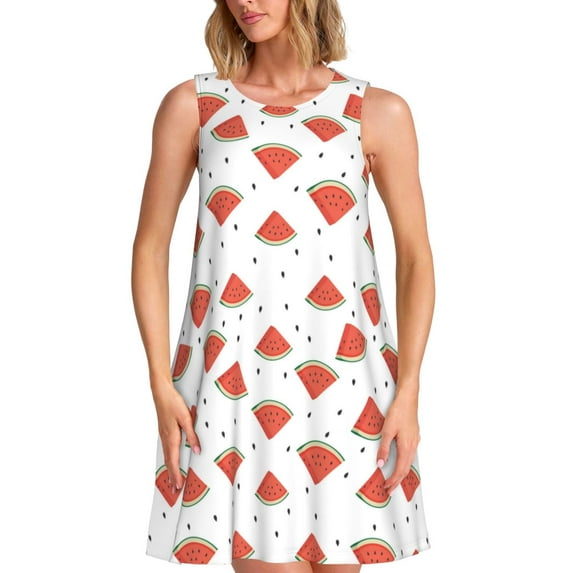 Fuzoiu Hand Drawn Watermelon Print Women's Sleeveless Dress,Summer Dresses for Women,Casual Sundresses,Beach Sleeveless T-shirt Swing Dress with Pockets
