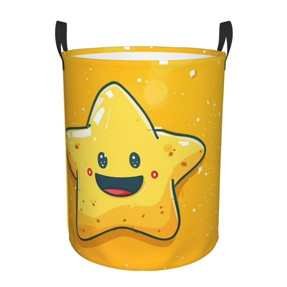 Fuzoiu Happy Cartoon Star Print Circular Hamper,Laundry Basket with Handle,Collapsible Laundry,Dirty Clothes Storage Basket,for Bedroom Bathroom Dorm Living Room-Medium