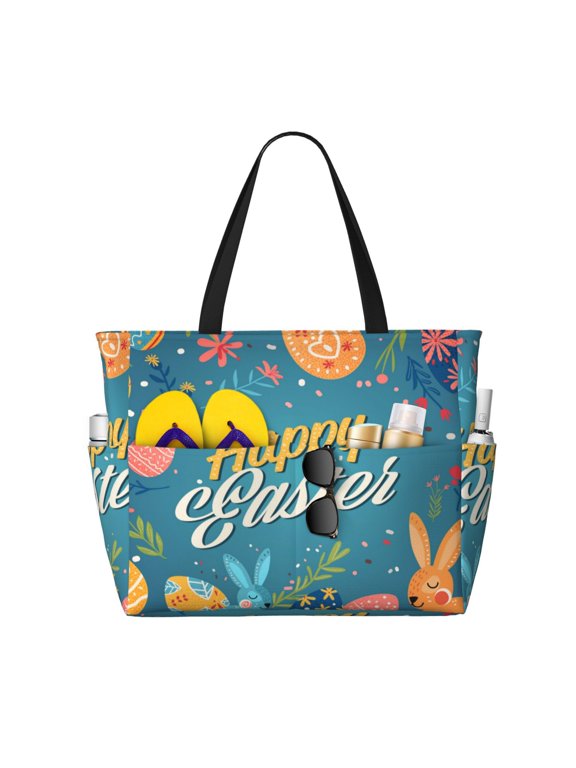 Happy Easter Print Waterproof Beach Tote Bag for Women Girls with Zipper,Sandproof Pool Swim Bag,Large Capacity Beach Travel Bag for Pool Swim Travel Everyday