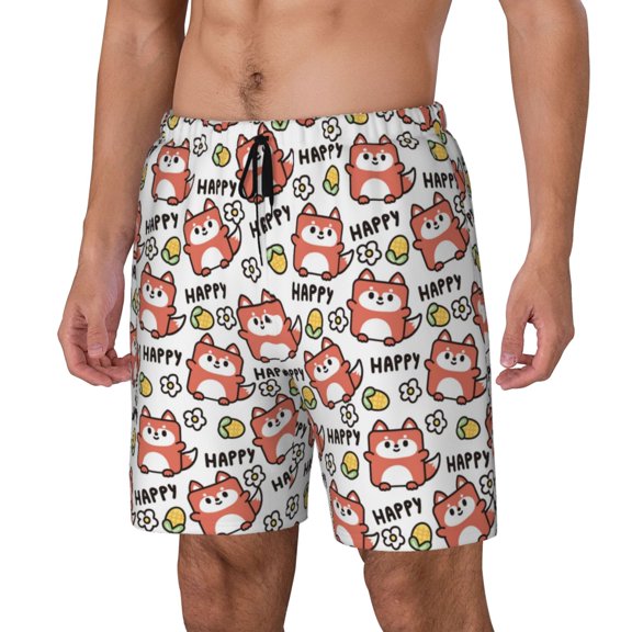 Fuzoiu Happy Foxy Faces Print Men's Swim Shorts,Quick-Dry Double-Layer Swim Trunks,Board Trunks,Beach Shorts Swimwear Bathing Suits-Small