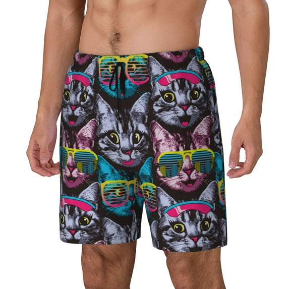 Fuzoiu Happy Kitten Faces Print Men's Swim Shorts,Quick-Dry Double-Layer Swim Trunks,Board Trunks,Beach Shorts Swimwear Bathing Suits-Medium
