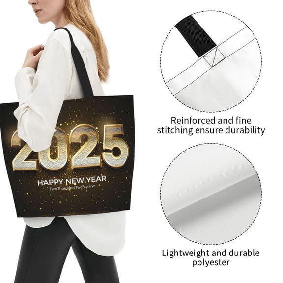 Fuzoiu Happy New Year 2025 E Print Tote Bags for Women,Shoulder Bag, Gym Tote,Top Handle Ladies Shoulder Bags for Work Beach Travel and Shopping Grocery