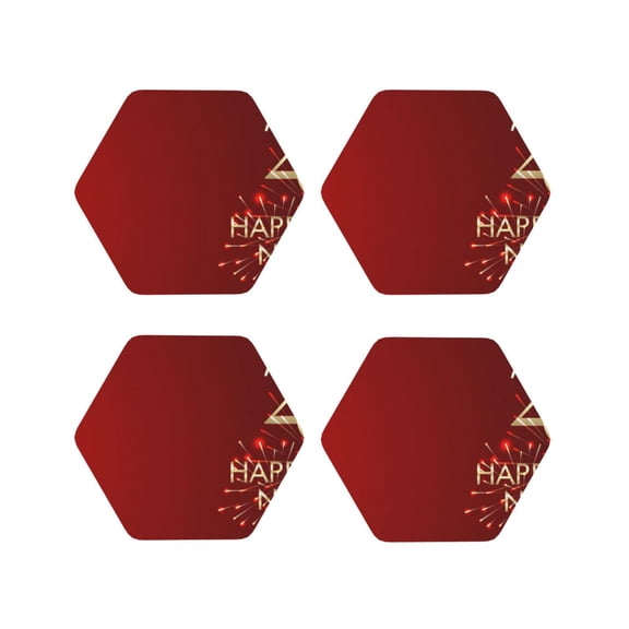 Fuzoiu Happy New Year 2025 Print Leather Coasters Set,Drink Coasters Set of 4,for Tabletop Protection, Durable PVC Coasters,Home Décor and Housewarming Gift-Hexagon
