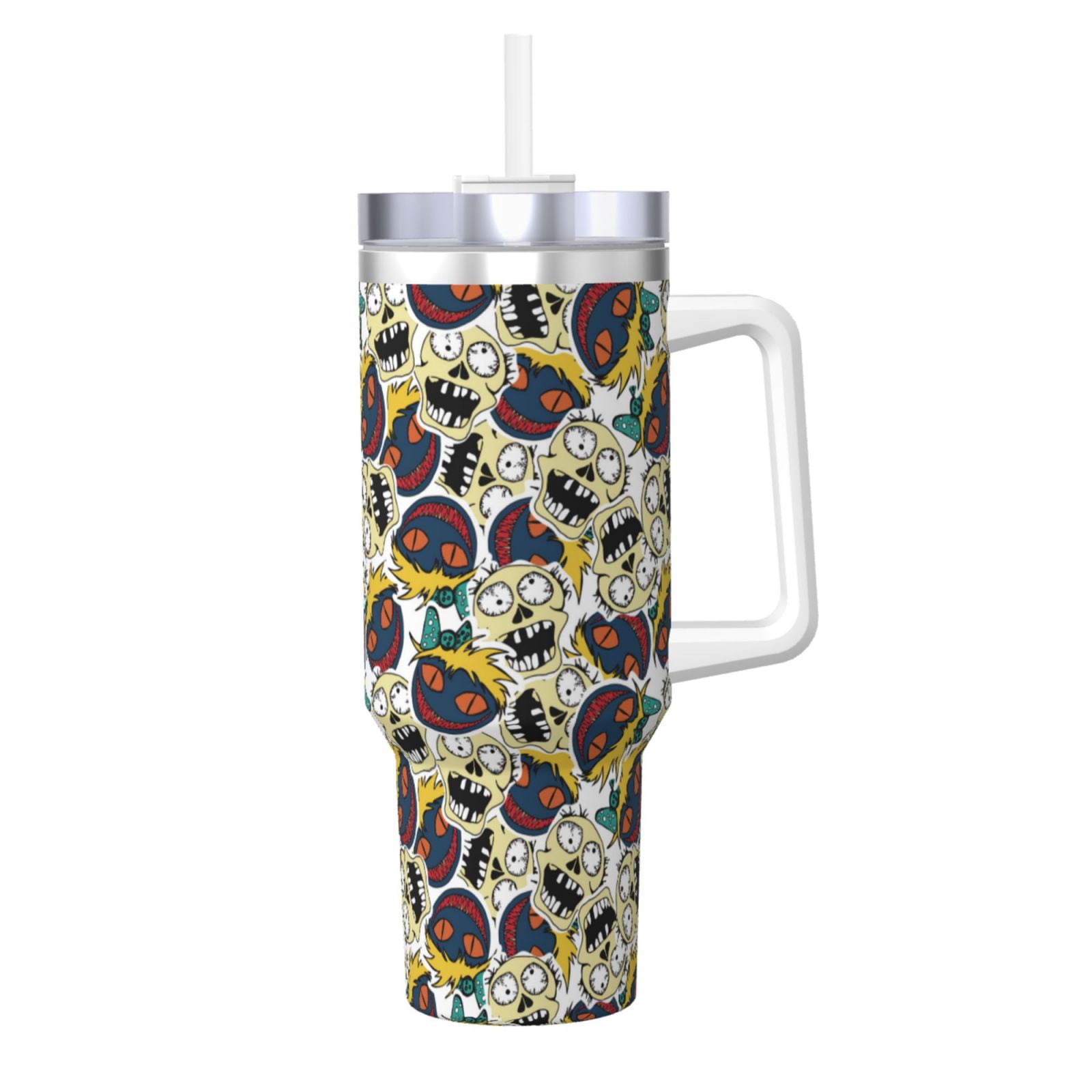 Fuzoiu Happy Skeleton Print 40OZ Ice Bully Stainless Steel Insulated Cup with Handle and Straw ...