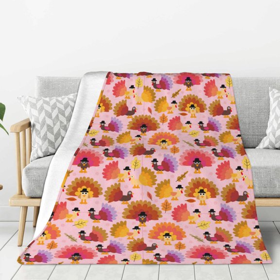Fuzoiu Happy Thanksgiving Turkey Print Flannel Throw Blanket,Light Weight Warm Decorative,Throw Blanket Cover for Sofa, Couch, Bedroom,Travel-80"x60"