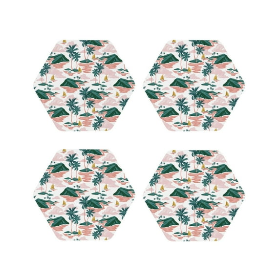 Fuzoiu Hawaii Palms Print Leather Coasters Set,Drink Coasters Set of 4,for Tabletop Protection, Durable PVC Coasters,Home Décor and Housewarming Gift-Hexagon