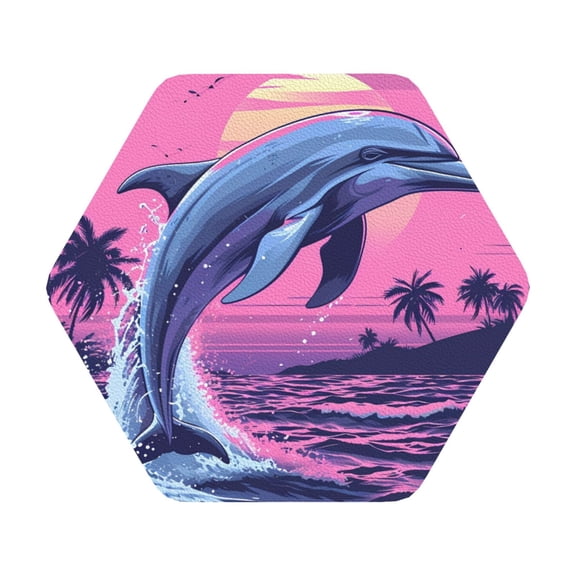 Fuzoiu Hawaiian Beach Dolphin Print Leather Coasters Set,Drink Coasters Set of 6,for Tabletop Protection, Durable PVC Coasters,Home Décor and Housewarming Gift,Hexagon