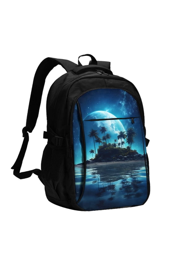Hawaiian Beach Pirate Moon Print USB Backpack with Charging Port,Laptop Backpack,Business Travel Durable Laptops Backpack, for School, Work, Travel & Outdoor Activities