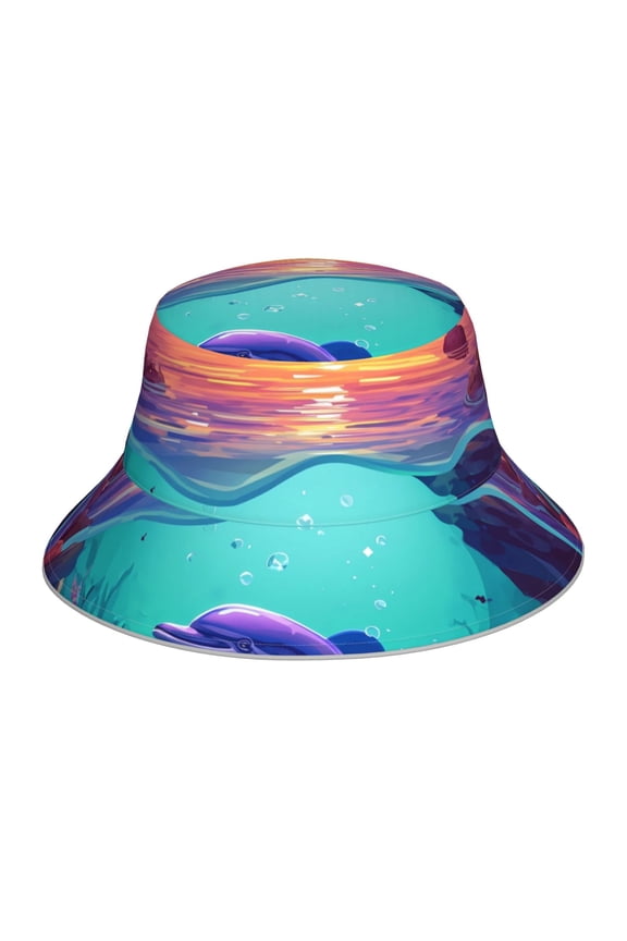 Hawaiian Island Dolphin Print Reflective Bucket Hat,Outdoor Hat for Men and Women,Bucket Hat for Travel Fishing Hunting Summer Camp