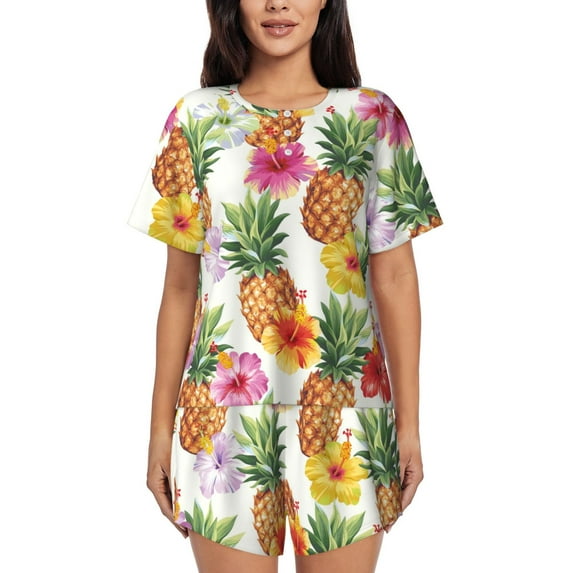 Fuzoiu Hawaiian Pineappl Print Women's Short-Sleeved Pajama Set,Lounge Sleepwear Set,Womens Pajama Sets 2 Piece,Button-Up Top and Shorts with Pockets-Large