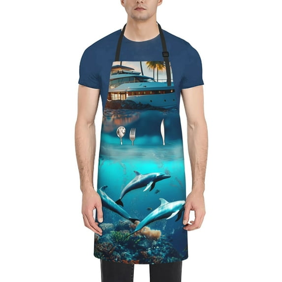 Fuzoiu Hawaiian Ship Dolphin Print Adjustable Waterproof Apron with Pockets,Waterproof Apron for Cooking, Gardening, and Art Projects