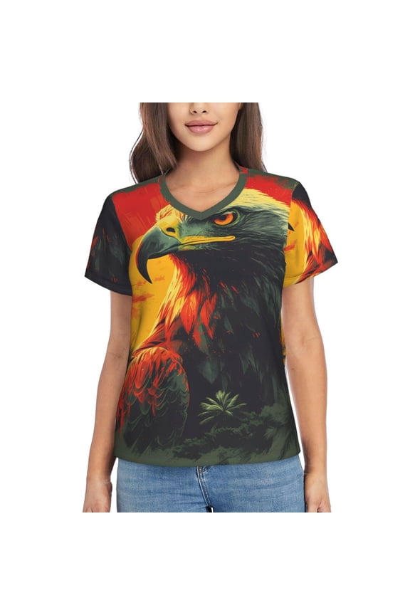 Hawaiian Style Bald Eagle Print Women's Classic V-Neck T-Shirt, Short Sleeve V Neck Tees for Casual Everyday Wear,Casual Fit Tee,Summer Fashion Tops-XX-Large