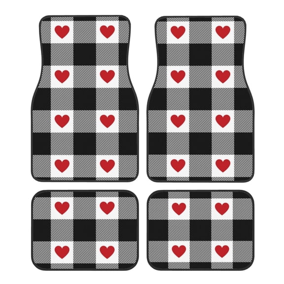 Fuzoiu Heart Black Buffalo Plaid Gingham Print Carpet Floor Mats for Car,Car Foot Mat Set,Universal Fit 4 Piece Mat Pad Set,Fits Most Cars Trucks Vans Sedans SUV Auto Carpet Mat Se
