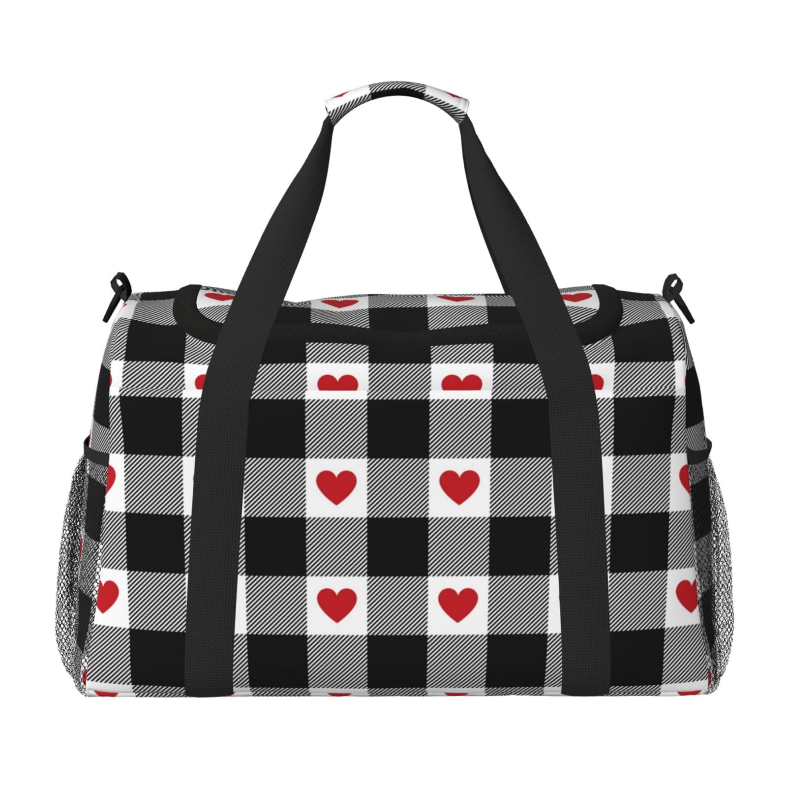 Fuzoiu Heart Black Buffalo Plaid Gingham Print Travel Duffle Bag,Carry On Tote Bags,Duffel Bag,Sport Gym Bag, Hospital Bag for Labor and Delivery, Overnight Bag,Luggage Bag