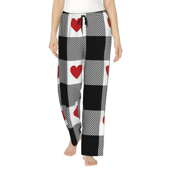 Fuzoiu Heart Black Buffalo Plaid Gingham Print Women's Pajama Pants,Lounge Pants with Drawstring and Pockets, Casual Pjs Sleep Bottoms, Women's Sleep Pants-Small