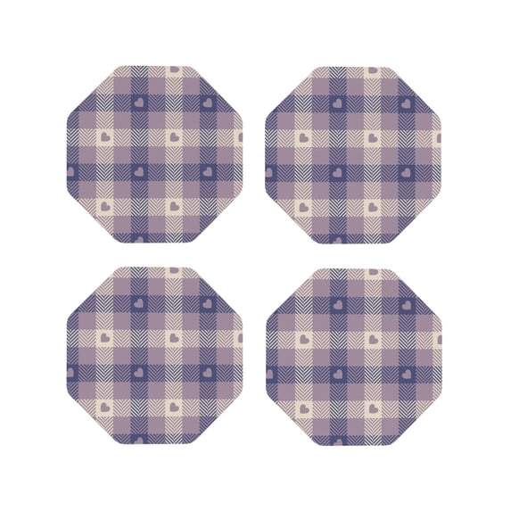 Fuzoiu Heart Check Plaid Print Leather Coasters Set,Drink Coasters Set of 4,for Tabletop Protection, Durable PVC Coasters,Home Décor and Housewarming Gift-Octagon