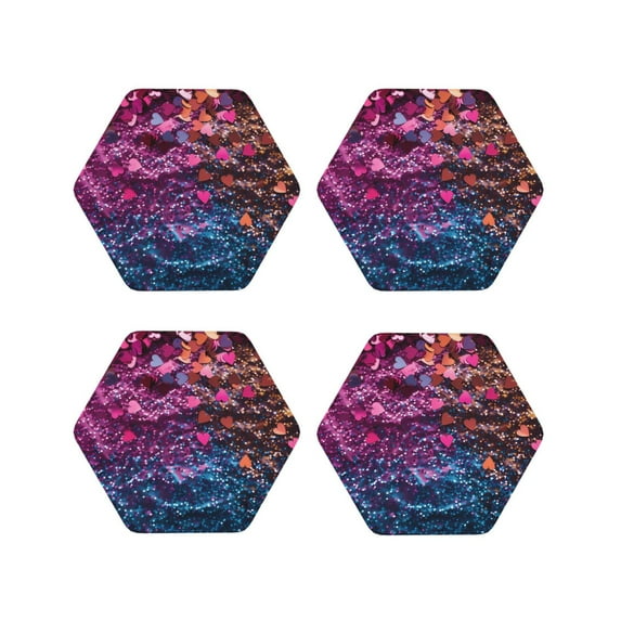 Fuzoiu Heart Confetti on Glitter Print Leather Coasters Set,Drink Coasters Set of 4,for Tabletop Protection, Durable PVC Coasters,Home Décor and Housewarming Gift-Hexagon