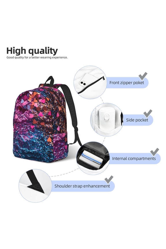 Heart Confetti on Glitter Print Canvas Backpack,Lightweight Travel Daypack,School Backpack Purse for Women Men, Casual Aesthetic Backpack