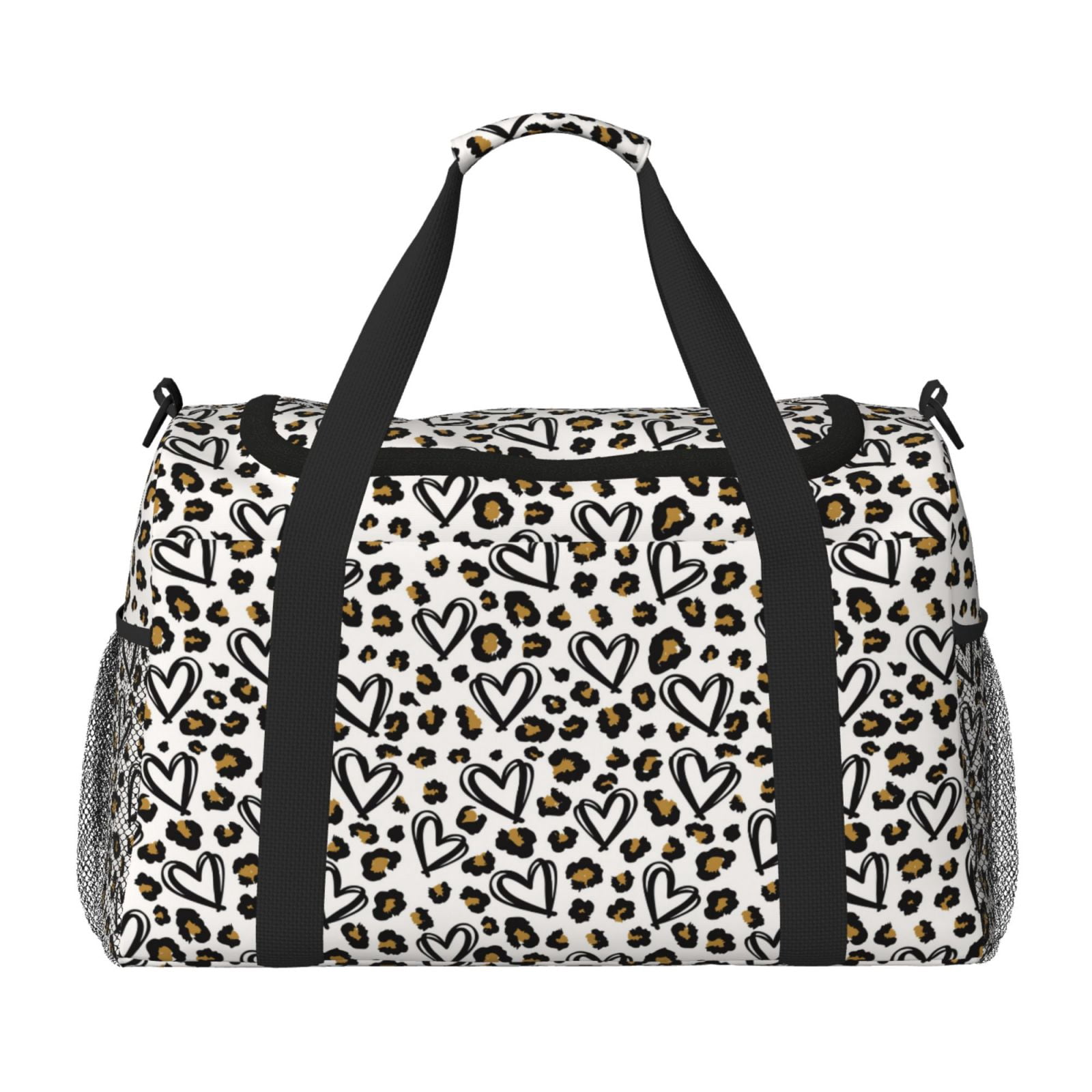 Fuzoiu Heart Leopard Print Travel Duffle Bag,Carry On Tote Bags,Duffel Bag,Sport Gym Bag, Hospital Bag for Labor and Delivery, Overnight Bag,Luggage Bag