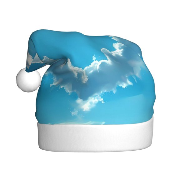 Fuzoiu Heart Shaped Cloud Print Santa Hat Christmas Hat for Adults,Santa Hats with Pompom, Unisex Xmas Holiday Hat for Christmas New Year Festive Party Supplies