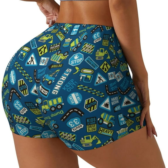 Fuzoiu Machinery Road Construction Print Women's Workout Shorts,Workout Biker Shorts Women,Exercise Fitness Shorts,Scrunch Short, Athletic Shorts for Gym Yoga Running Sport Active-XX-Large