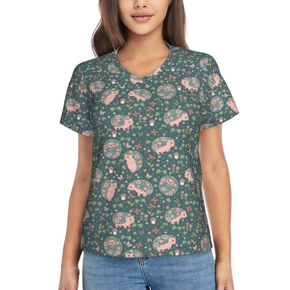 Fuzoiu Hedgehogs and Flowers Print Women's Classic V-Neck T-Shirt, Short Sleeve V Neck Tees for Casual Everyday Wear,Casual Fit Tee,Summer Fashion Tops-Medium