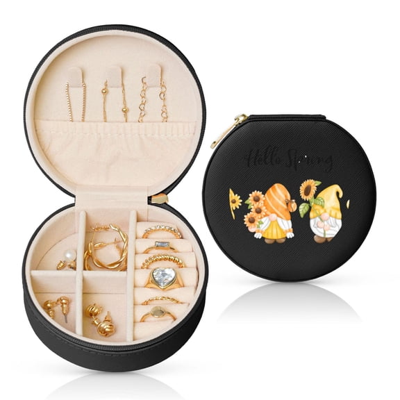 Fuzoiu Hello Spring Sunflower Gnomes Print Portable Jewelry Box,Round Mini Leather Travel Jewelry Case,Small Travel Jewelry Organizer,Jewelry Holder for Ring Necklace Earring for Women Girls-Black