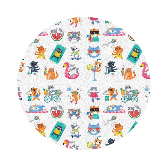Fuzoiu Hello Summer Cat Print Leather Coasters Set,Drink Coasters Set of 6,for Tabletop Protection, Durable PVC Coasters,Home Décor and Housewarming Gift,Round Shape