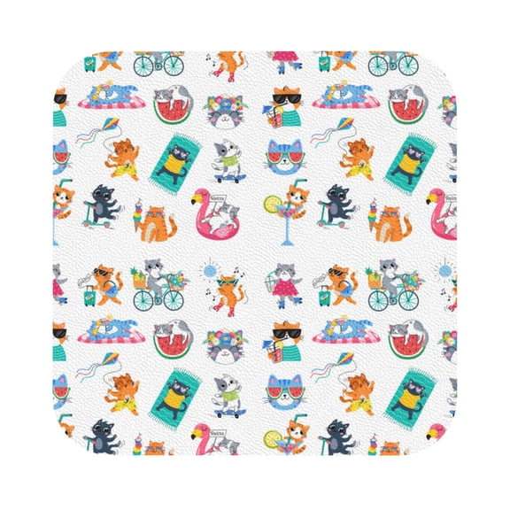 Fuzoiu Hello Summer Cat Print Leather Coasters Set,Drink Coasters Set of 6,for Tabletop Protection, Durable PVC Coasters,Home Décor and Housewarming Gift,Square