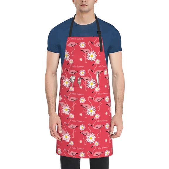 Fuzoiu Hello Summer Flamingo Print Adjustable Waterproof Apron with Pockets,Waterproof Apron for Cooking, Gardening, and Art Projects