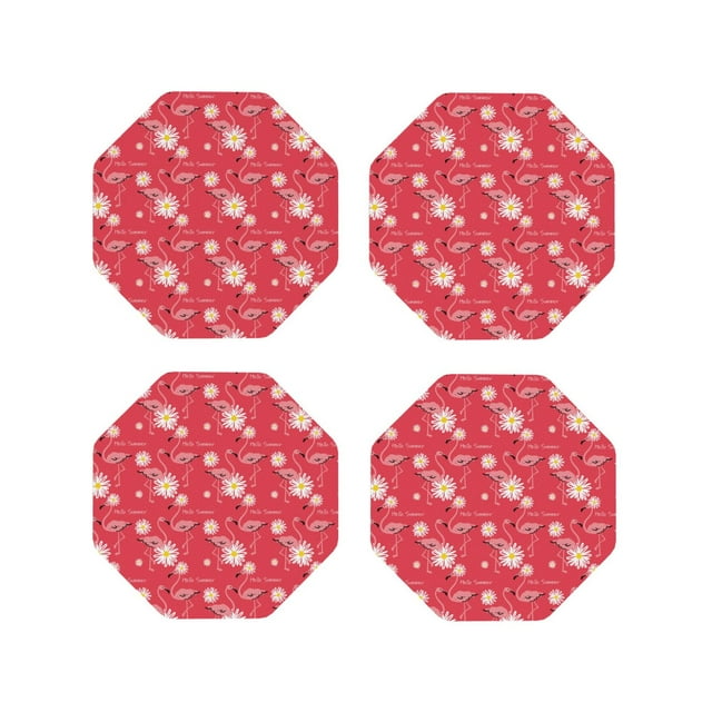 Fuzoiu Hello Summer Flamingo Print Leather Coasters Set,Drink Coasters Set of 4,for Tabletop Protection, Durable PVC Coasters,Home Décor and Housewarming Gift-Octagon