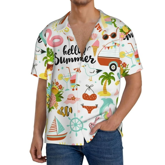 Fuzoiu Hello Summer Print Men's Casual Short,Men's Short Sleeve Shirt,Mens Casual Button Down Shirts,Cuban Collar Summer Shirt for Beach, Vacation, and Outdoor Activities-Small