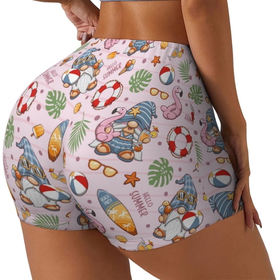 Fuzoiu Hello Summer With Gnome Print Women's Workout Shorts,Workout Biker Shorts Women,Exercise Fitness Shorts,Scrunch Short, Athletic Shorts for Gym Yoga Running Sport Active-Medium