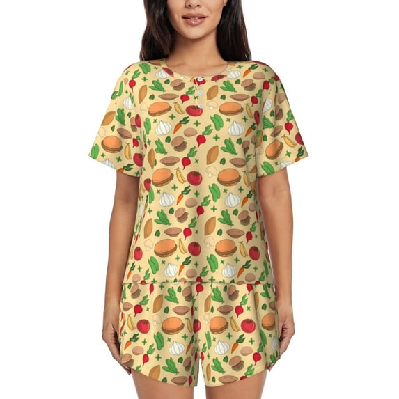 Fuzoiu Herb Of Burger Print Women's Short-Sleeved Pajama Set,Lounge Sleepwear Set,Womens Pajama Sets 2 Piece,Button-Up Top and Shorts with Pockets-Small