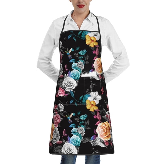 Fuzoiu Hibiscus Rose Print Kitchen Cooking Aprons,Kitchen Cooking BBQ Aprons,Chef Apron with 2 Pockets for Men Women,Art Aprons for Painting Pottery Ceramics