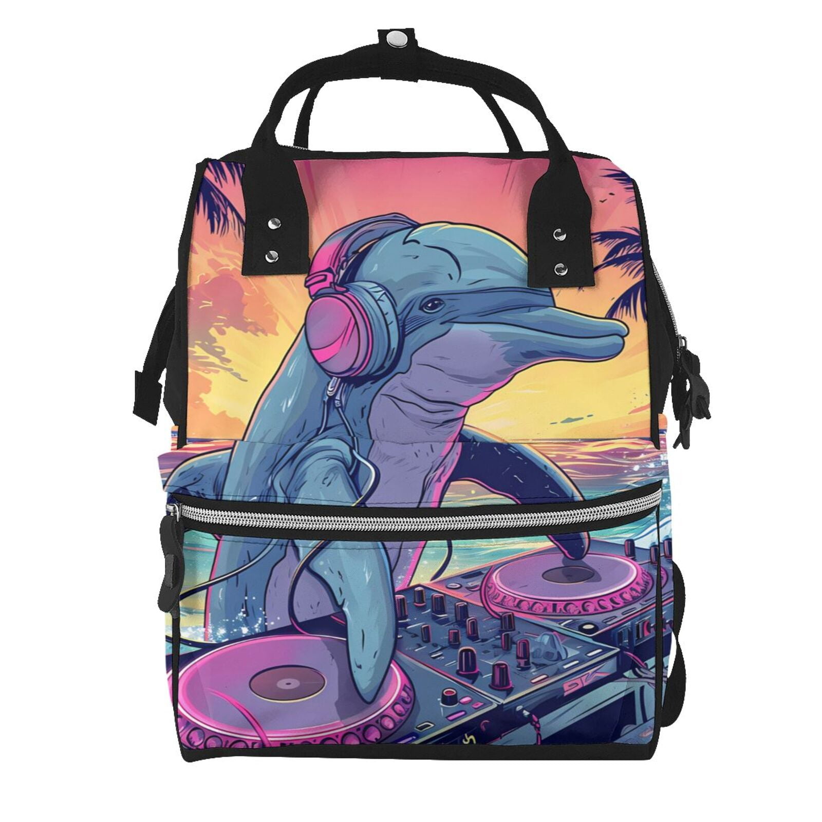 Fuzoiu Hip-Hop DJ Dolphin Print Diaper Bag Backpack,Baby Essentials Travel Tote,Multi function Waterproof Diaper Bag, Travel Essentials Baby Bag - Unisex