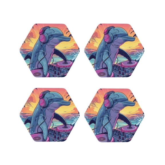 Fuzoiu Hip-Hop DJ Dolphin Print Leather Coasters Set,Drink Coasters Set of 4,for Tabletop Protection, Durable PVC Coasters,Home Décor and Housewarming Gift-Hexagon