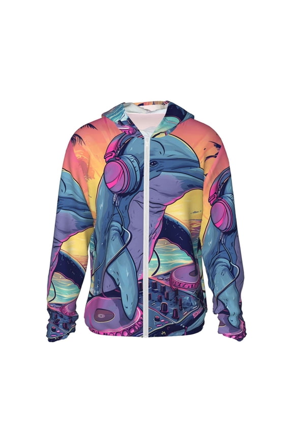 Hip-Hop DJ Dolphin Print Unisex Sun Protection Hoodie,UPF 50+ Light Jacket,Full Zip Sun Protection Hoodie,Long Sleeve Sun Shirts,for Outdoor Activities-Medium