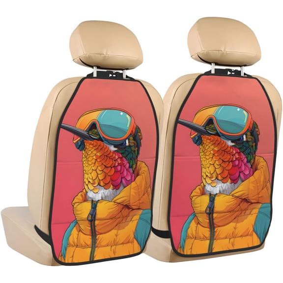 Fuzoiu Hip Hummingbird In Jacket Print 2 Pack Kick Mat Back Seat Protector With 3 Storage Pockets, Universal Car Seat Back Organizer For Kids Pets, Waterproof Backseat Protector For Most Car