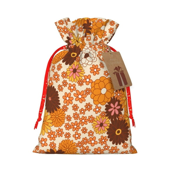 Fuzoiu Hippie Ditsy Floral Print Christmas Gift Bag,Burlap Gift Bag with Drawstring Closure & Hang Tag,Perfect for Holidays, Birthdays, and Special Occasions-Small
