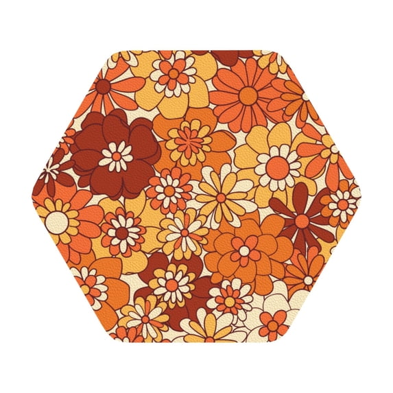 Fuzoiu Hippie Flower Print Leather Coasters Set,Drink Coasters Set of 6,for Tabletop Protection, Durable PVC Coasters,Home Décor and Housewarming Gift,Hexagon